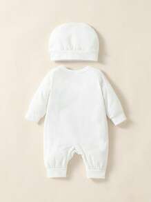 SHEIN Playful Pals 男嬰服小醫生印花長袖連身衣，附繡花帽，適用於日常、休閒、派對、秋季 - 白色 - 查看 2