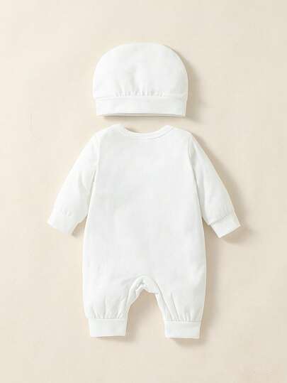 SHEIN Playful Pals Baby Boy Costume Mini Doctor Printed Long Sleeve Jumpsuit With Embroidered Hat, For Daily, Casual, Party, Autumn