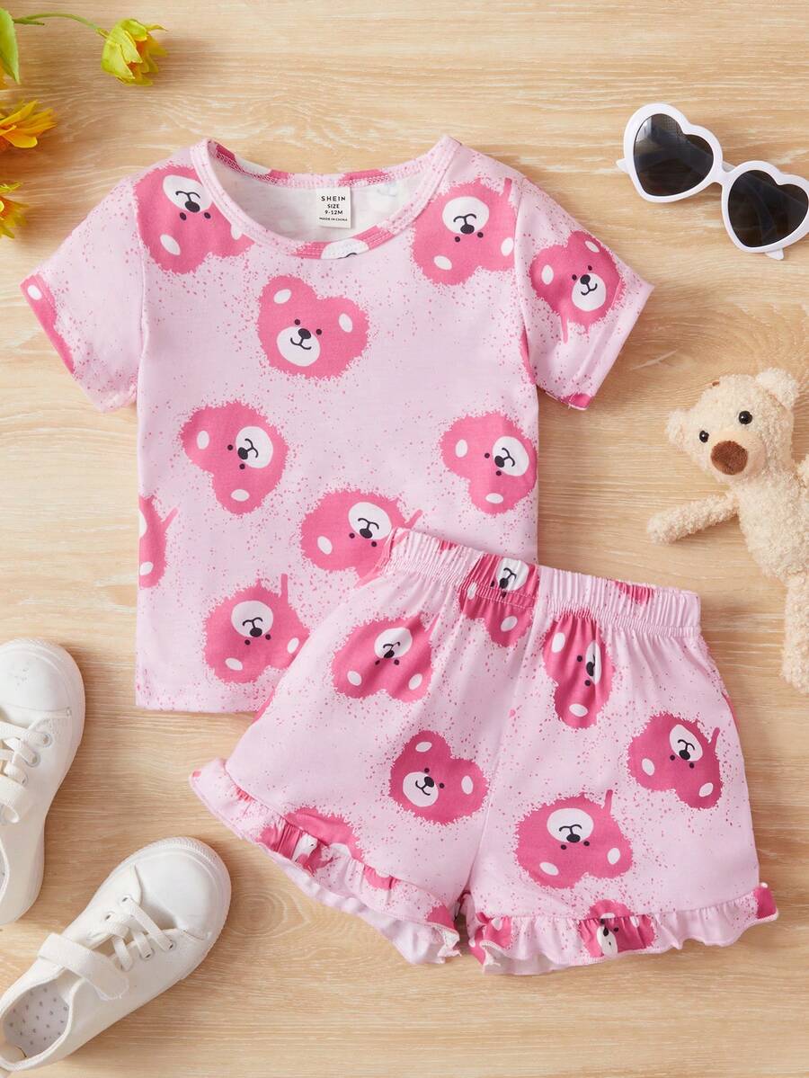 Baby Girl Cartoon Graphic Tee & Ruffle Hem Shorts - Baby Pink - View 1