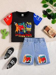 男嬰卡通和字母圖案T恤&破洞牛仔短褲