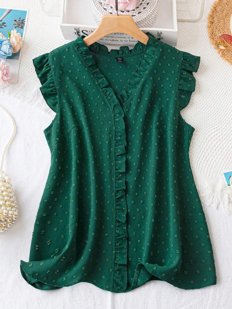 SHEIN LUNE Plus Swiss Dot Frill Trim Blouse - Dark Green - View 1
