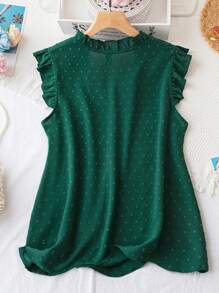 SHEIN LUNE Plus Swiss Dot Frill Trim Blouse - Dark Green - View 2