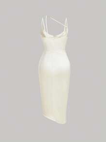 SHEIN MOD 印花褶邊高衩緞面吊帶連衣裙 - 米色 - 查看 2