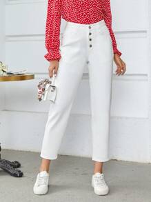 SHEIN Frenchy 紐扣門襟九分媽媽牛仔褲 - 白色 - 查看 1