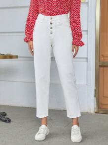 SHEIN Frenchy 紐扣門襟九分媽媽牛仔褲 - 白色 - 查看 5