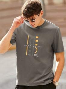 Men Slogan Graphic Tee - Dark Grey - View 1