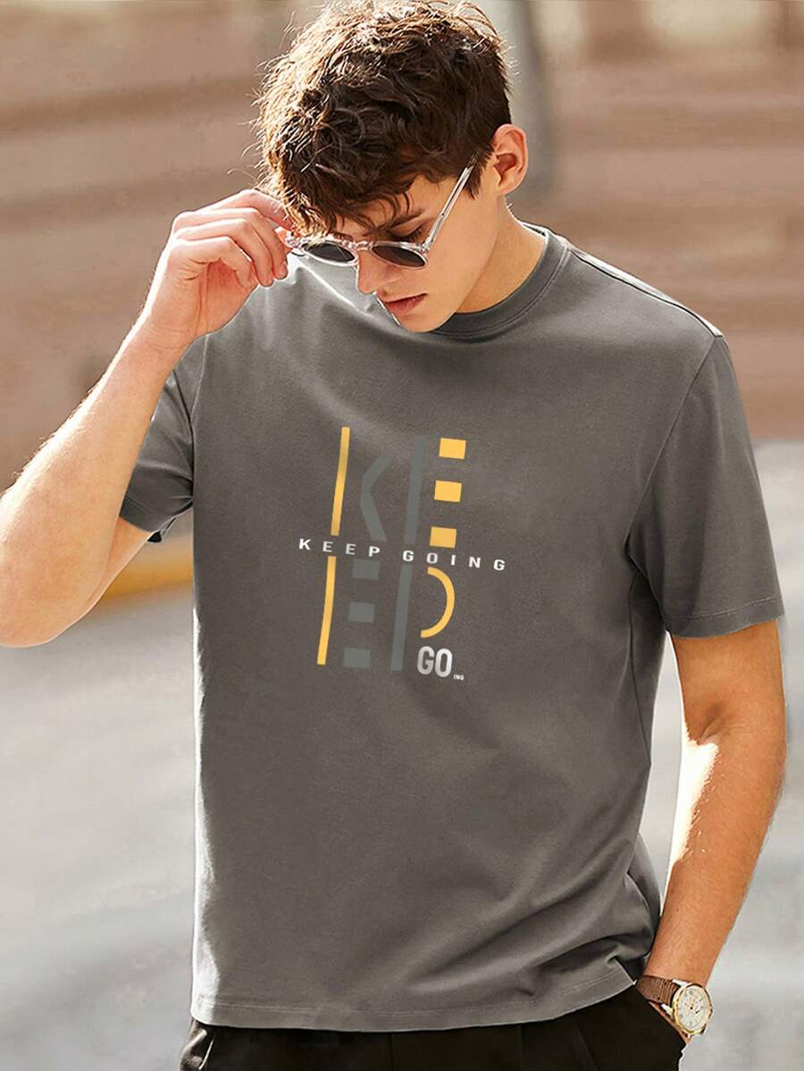 Men Slogan Graphic Tee - Dark Grey - View 1