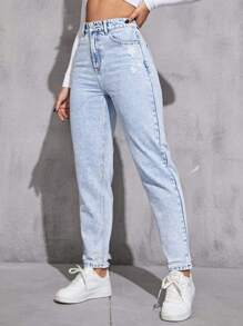Ripped Mom Fit Jeans - Light Wash - View 1