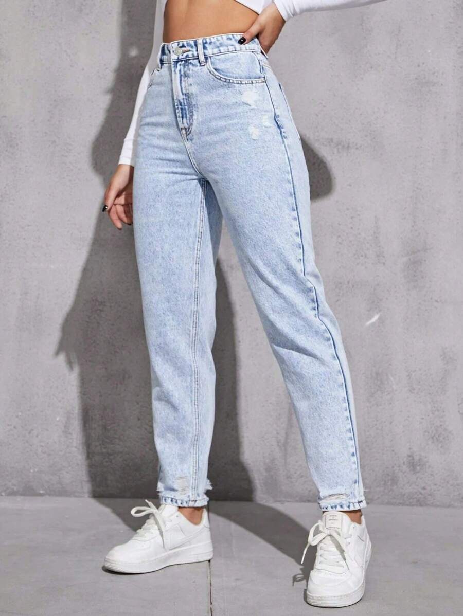 Ripped Mom Fit Jeans - Light Wash - View 1