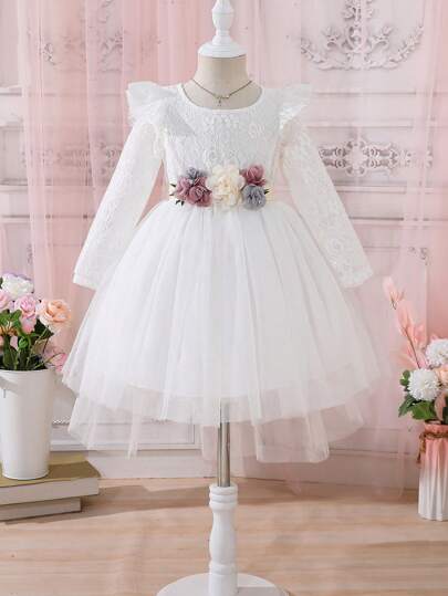 SHEIN Glamorique Kids Young Girl 3D Appliques Ruffle Trim Lace Bodice Mesh Flare Hem Dress