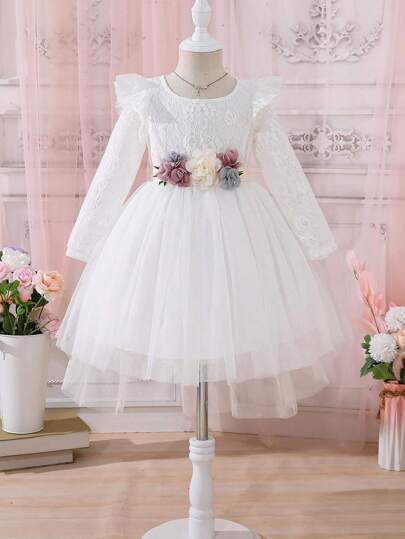 SHEIN Glamorique Kids Young Girl 3D Appliques Ruffle Trim Lace Bodice Mesh Flare Hem Dress