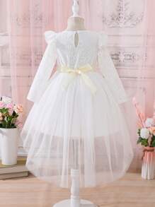 SHEIN Glamorique Kids 女小童3D貼花荷葉邊上身蕾絲網紗喇叭下擺洋裝 - 白色 - 查看 2