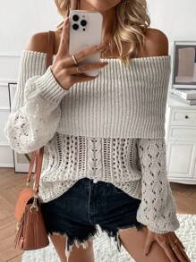 SHEIN Privé Foldover Off Shoulder Pointelle Knit Jumper - Khaki - View 3