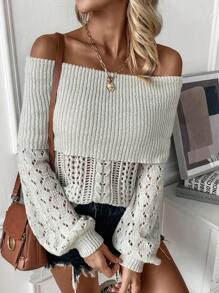 SHEIN Privé Foldover Off Shoulder Pointelle Knit Jumper - Khaki - View 4