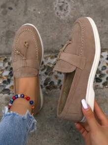 Mocassins plats à enfiler pour femmes avec décoration d'anneau en métal - Nude - Voir 3