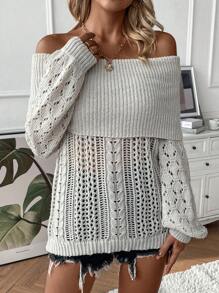 SHEIN Privé Foldover Off Shoulder Pointelle Knit Jumper - Khaki - View 5