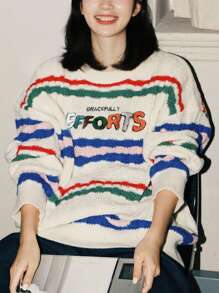 Alicedudu Thêu Chữ Thả vai Áo len - Màu be - Xem 1