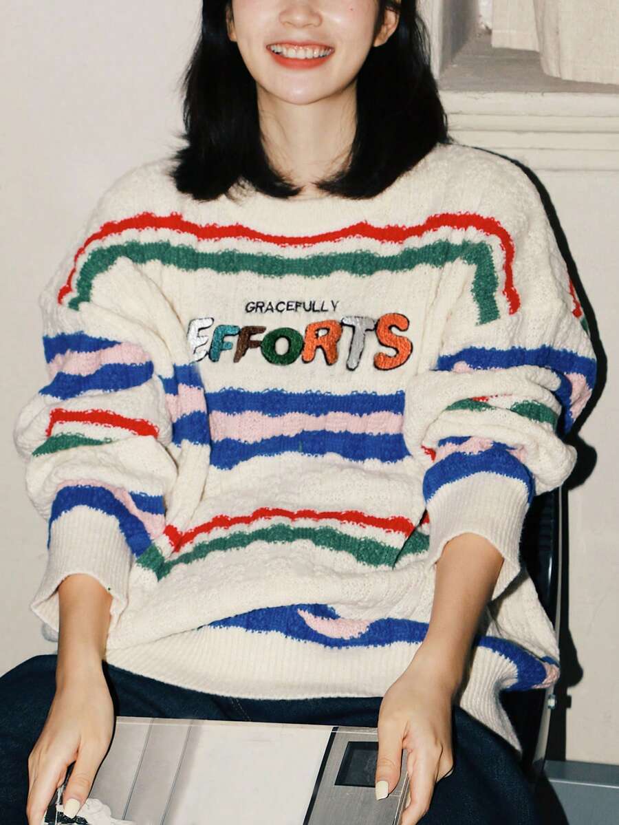 Alicedudu Thêu Chữ Thả vai Áo len - Màu be - Xem 1