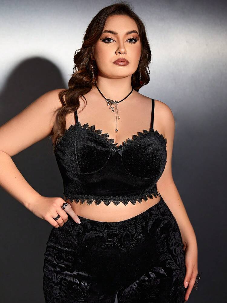 Plus Guipure Lace Trim Velvet Cami Top