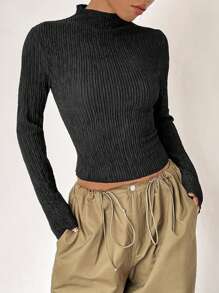 SHEIN Unity Mock Neck Ribbed Knit Tee - Black - View 3