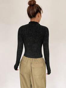 SHEIN Unity Mock Neck Ribbed Knit Tee - Black - View 2