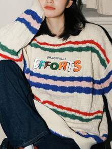 Alicedudu Thêu Chữ Thả vai Áo len - Màu be - Xem 3