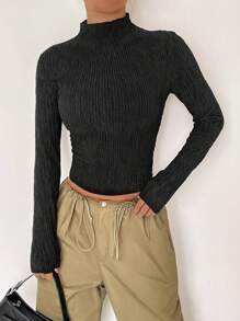 SHEIN Unity Mock Neck Ribbed Knit Tee - Black - View 1