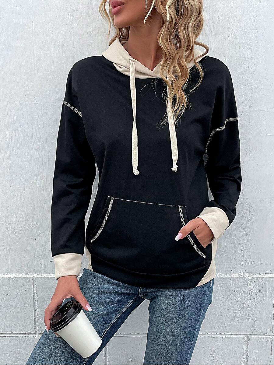Top-stitching Kangaroo Pocket Drop Shoulder Drawstring Hoodie - Black - View 1