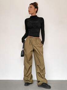 SHEIN Unity Mock Neck Ribbed Knit Tee - Black - View 4