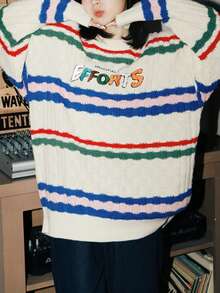 Alicedudu Thêu Chữ Thả vai Áo len - Màu be - Xem 4