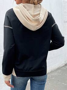 Top-stitching Kangaroo Pocket Drop Shoulder Drawstring Hoodie - Black - View 2