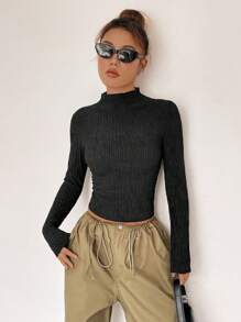 SHEIN Unity Mock Neck Ribbed Knit Tee - Black - View 5