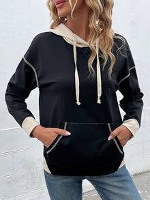 Top-stitching Kangaroo Pocket Drop Shoulder Drawstring Hoodie - Black - View 3