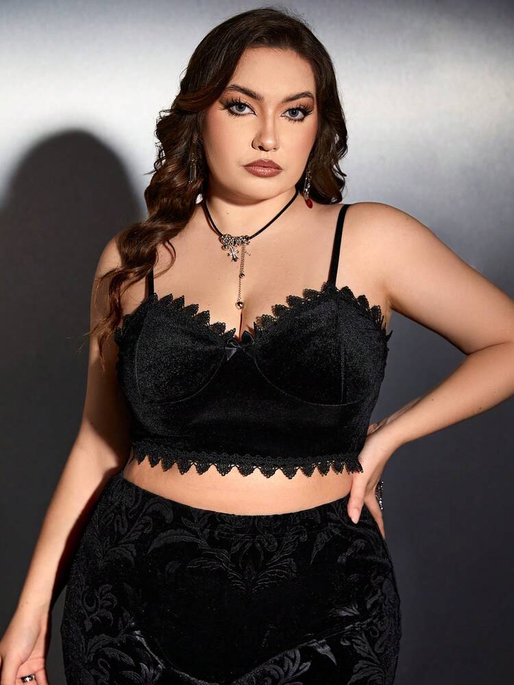 Plus Guipure Lace Trim Velvet Cami Top