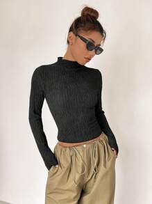 SHEIN Unity Mock Neck Ribbed Knit Tee - Black - View 6