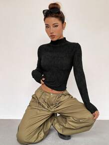 SHEIN Unity Mock Neck Ribbed Knit Tee - Black - View 7