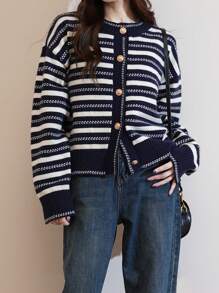 Striped Drop Shoulder Button Through Cardigan - Navy Blue - View 1