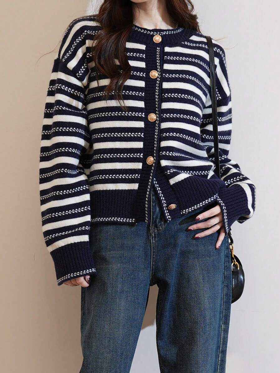 Striped Drop Shoulder Button Through Cardigan - Navy Blue - View 1