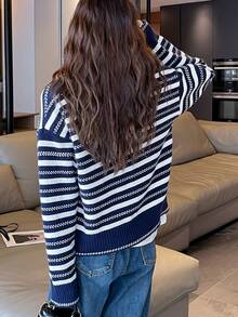 Striped Drop Shoulder Button Through Cardigan - Navy Blue - View 2