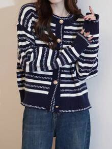 Striped Drop Shoulder Button Through Cardigan - Navy Blue - View 3