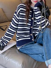 Striped Drop Shoulder Button Through Cardigan - Navy Blue - View 4