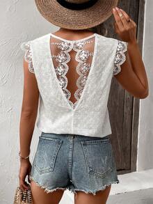 Eyelet Embroidery Contrast Lace Blouse - White - View 2