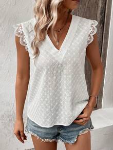 Eyelet Embroidery Contrast Lace Blouse - White - View 3