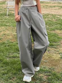 DAZY 素色腰部抽繩側翻蓋口袋工裝褲 - 灰色 - 查看 3