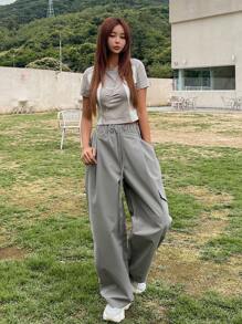 DAZY 素色腰部抽繩側翻蓋口袋工裝褲 - 灰色 - 查看 4