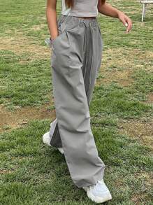 DAZY 素色腰部抽繩側翻蓋口袋工裝褲 - 灰色 - 查看 5