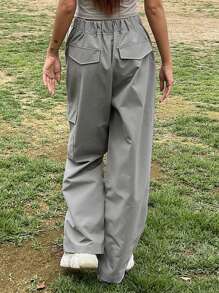 DAZY 素色腰部抽繩側翻蓋口袋工裝褲 - 灰色 - 查看 6