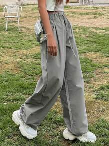 DAZY 素色腰部抽繩側翻蓋口袋工裝褲 - 灰色 - 查看 7