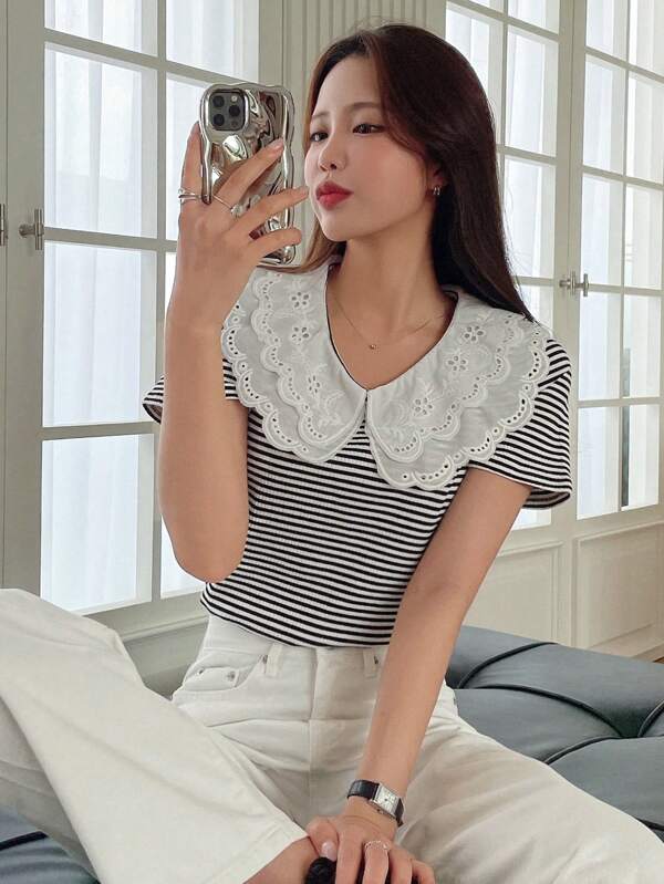 DAZY 條紋印花拼接領T恤