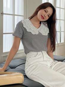 DAZY 條紋印花拼接領T恤
